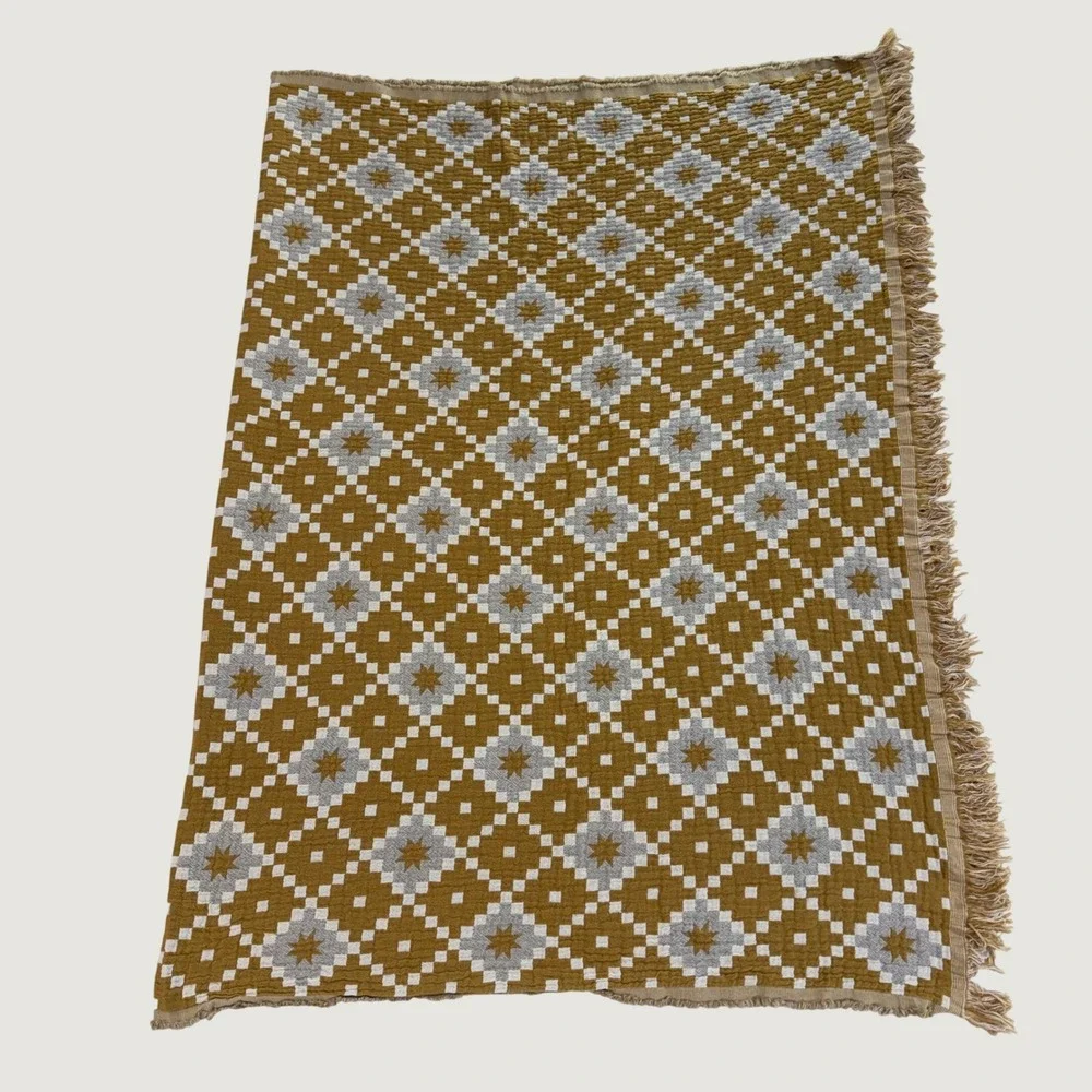 IKEA SVARTFRYLE Throw Blanket 51x67 Mustard Yellow Gray Jacquard Cotton Fringe